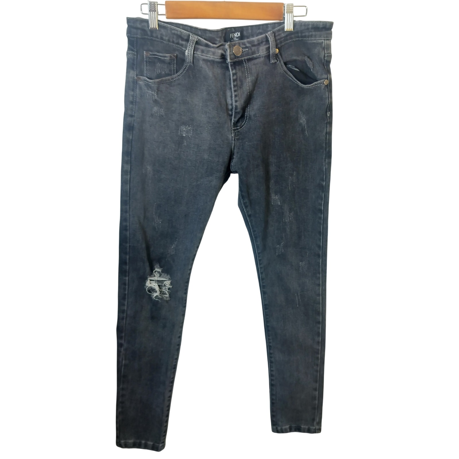 Fendi Roma Mens Distressed Slim Fit Jeans Faded Black Monogram Pocket Italy